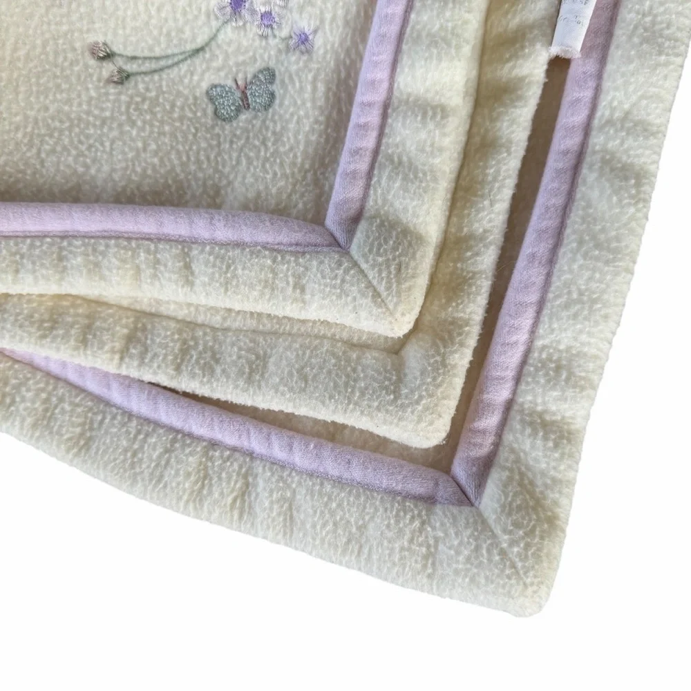 Y2K Fleece Baby Blanket Embroidered Butterflies Flowers Yellow Purple Pink 29x39